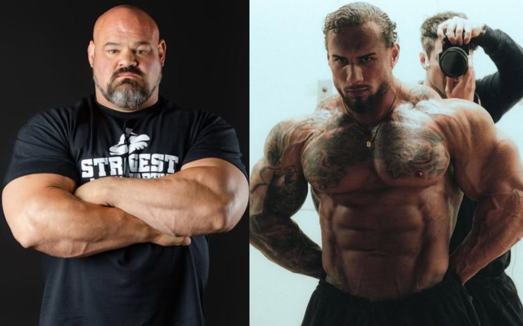 Brian Shaw and Leonidas Arkona face-off for the East vs West 23 heavyweight armwrestling supermatch in Wuppertal, Germany